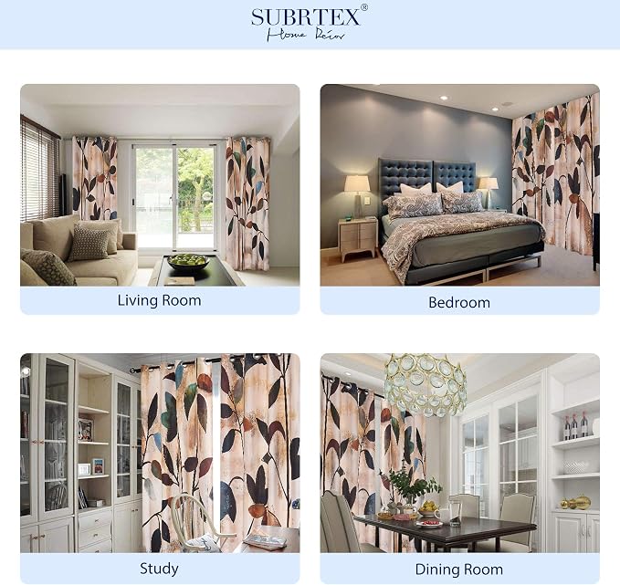 SUBRTEX Boho Leaf Printed Curtains 63 inch Long 2 Panels, Room Darkening Vibrant Floral Drapes, 50% Blackout Light Flitering Semi Sheer Farmhouse Curtains for Living Room, 52Wx63L, Brown Leaf