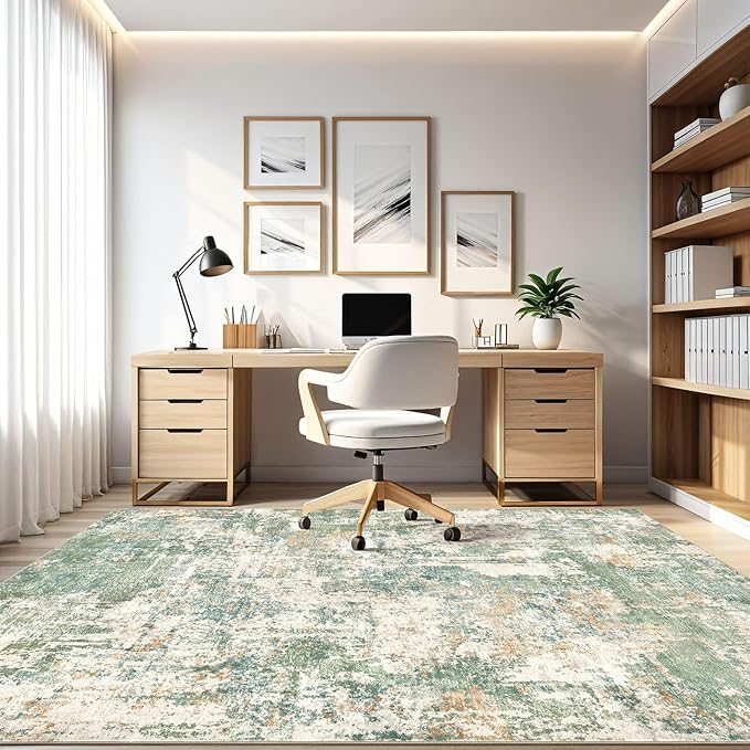 12x18 Area Rug Living Room: Washable Large Abstract Soft Green Rug Stain Resistant Indoor Floor Non-Slip Accent Carpet for Men Modern Home Enthusiasts Aged 25-45 - Bedroom Office Playroom