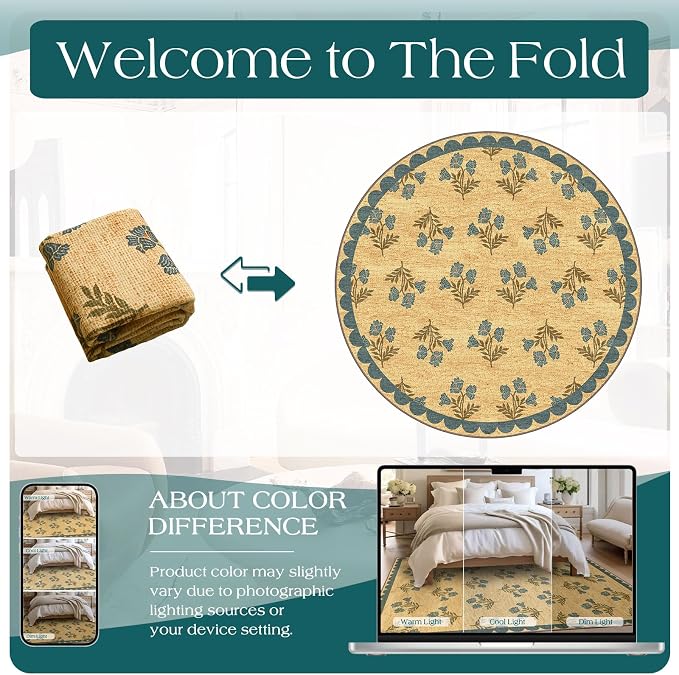3ft Entryway Round Rug - 3x3 Small Washable Floral Boho Farmhouse Scalloped Round Bedroom Rug Non Slip Front Door Mat Indoor Stain Resistant Jute-Look Circle Rugs for Bedroom Entryway Kitchen