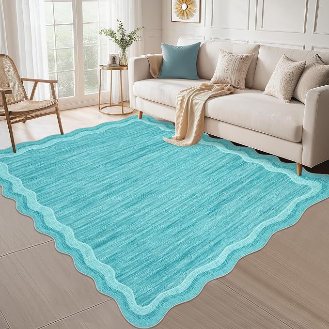 Garvee Scalloped 10x13 Area Rugs for Living Room Large Washable Rugs,Neutral Solid Rug Stain Resistant Non Slip Floor Mat Carpet Indoor Accent Rug for Bedroom Dining Room Playroom Home Decor,Teal | Rugs for Living Room, Non-Slip Soft Carpet for Bedroom...