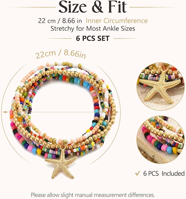 Fesciory Beaded Ankle Bracelets for Women, Boho Shell Anklet Set with Starfish Conch Seashell, Adjustable Hawaiian Summer Beach Foot Jewelry Fashion Gift