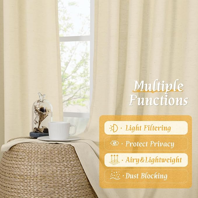 LAMIT Beige Linen Curtains 84 inches for Bedroom, Faux Linen Textured Light Filtering Drapes Rod Pocket Boho Burlap Semi Sheer Panels for Farmhouse/Living Room, 2 Panels, 52 x 84 Inch, Beige