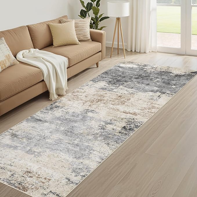 Runner Rug Kitchen Washable Rugs: 2x10 Non-Slip Abstract Soft Modern Stain Resistant Indoor Floor Neutral Accent Throw Carpet for Hallway Bathroom Laundry Room Entryway Bedroom- Grey Brown