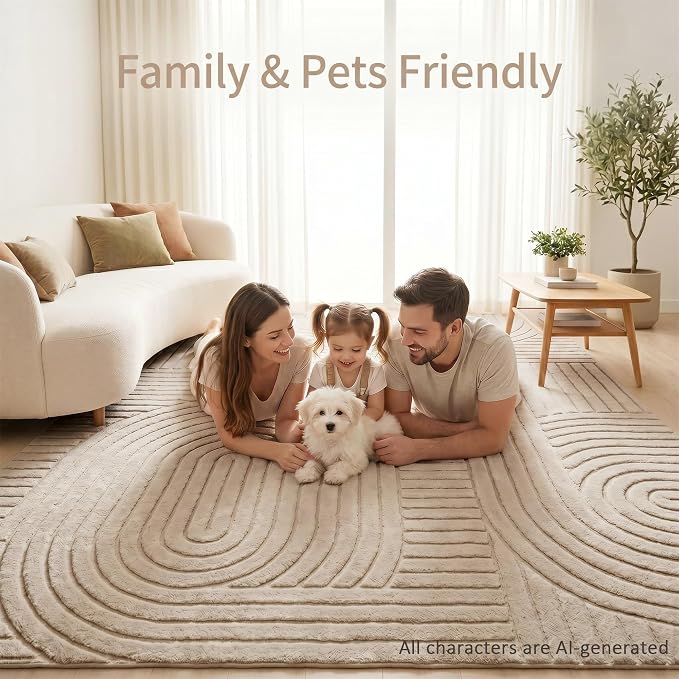 Washable Brown 9x12 Modern Geometric Area Rugs Living Room Bedroom | Soft Plush Boho Solid Color Carpet, High-Low Pile 3D textured Durable Non-Slip 9'x12' Rugs for Kids Room, Nursery, Apartment