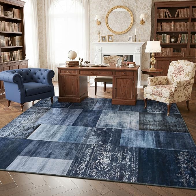 DweIke Washable Area Rugs 8x10 for Living Room, Large Modern Geometric Navy Blue Soft Patchwork Carpet, Non-Slip Stain Resistant Throw Rug for Bedroom Dining Room Office Home Decor