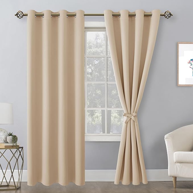 Hiasan Blackout Curtains for Bedroom, 52 x 96 Inches Long - Thermal Insulated & Energy Saving Window Curtains for Living Room, 2 Drape Panels Sewn with Tiebacks, Beige