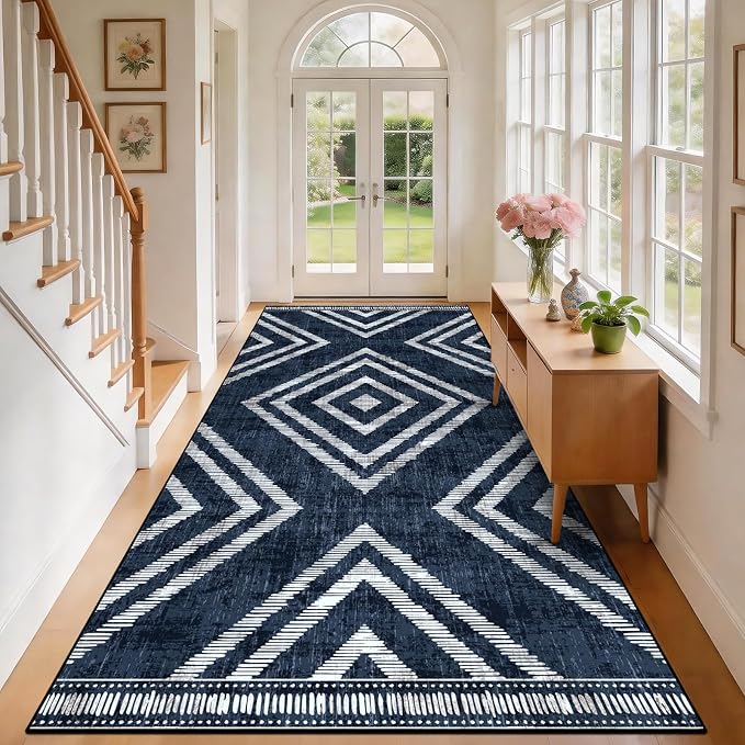 4x10Ft Boho Rug Runners for Hallway Non Slip, Geometric Washable Kitchen Runner Rugs, Navy Blue Soft Wide Modern Farmhouse Entryway Floor Carpets for Entrance Doorway Bedroom Home Decor