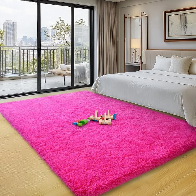 qulint Hot Pink Area Rug for Bedroom, Fluffy Shag Rug for Living Room 4x6 | Fuzzy Plush Small Carpet for Nursery Kid Room, Shaggy Modern Solid Rug for Classroom Dorm Besides Home Decor