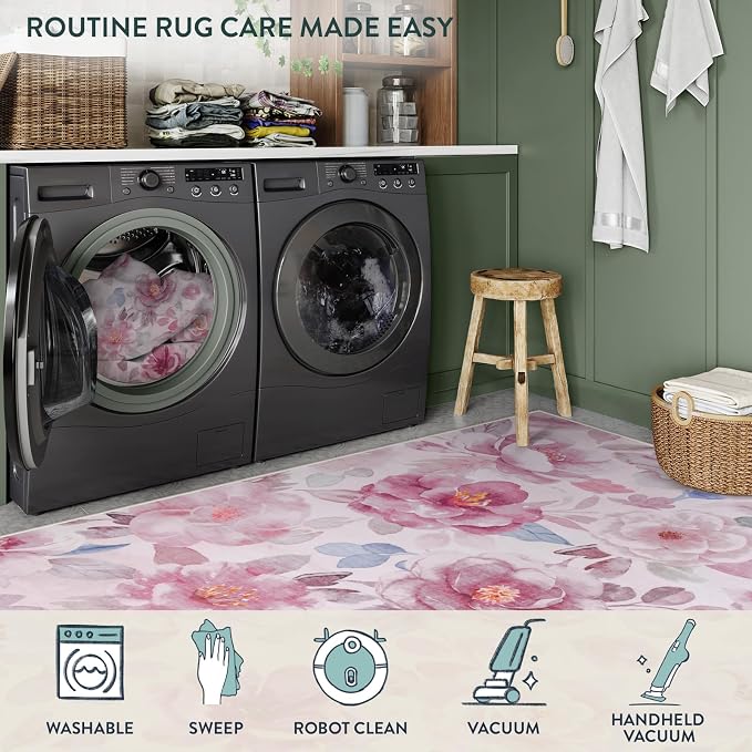 Lahome Floral Living Room Rug 5x7 Rug Machine Washable,Pink Rugs for Bedroom Girl Boho Area Rug Non Slip Vintage Low Pile Large Throw Carpet Rug for Dining Room Office(5x7,Pink
