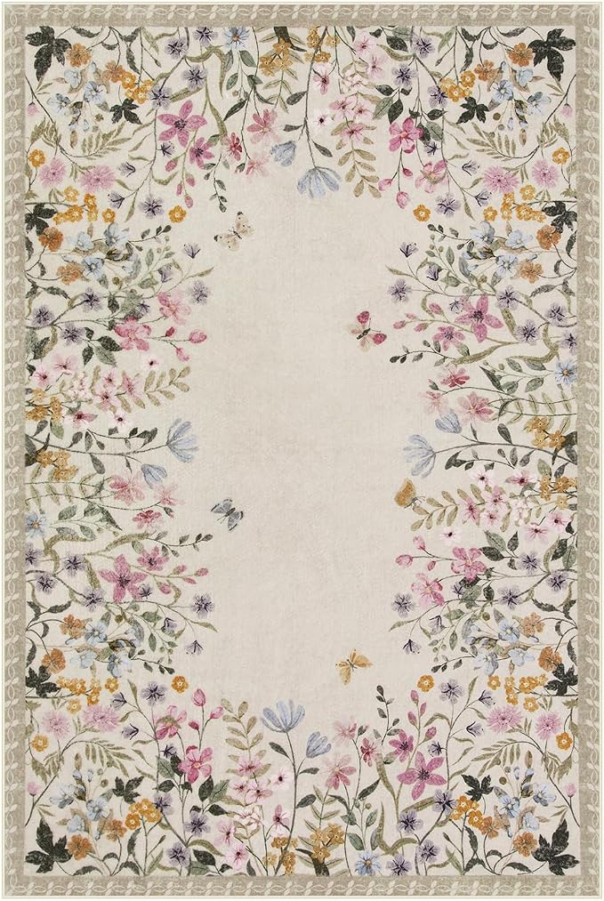 Wonnitar 8x10 Washable Area Rug, Beige Floral Rug for Living Room, Boho Large Non Slip Bedroom Carpet, Low Pile Soft Nursery Rug, Farmhouse Dining Room Decor (8x10 Beige)