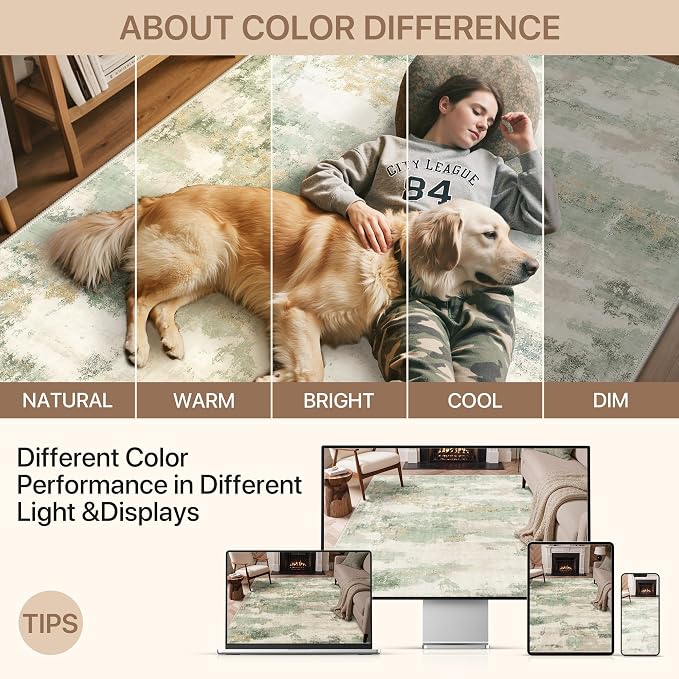 GENIMO Abstract Area Rug 5x7, Washable Large Modern Rug Non Slip, Low Pile Lightweight Soft Carpet for Living Room, Bedroom, Dining Room, Sage Cream