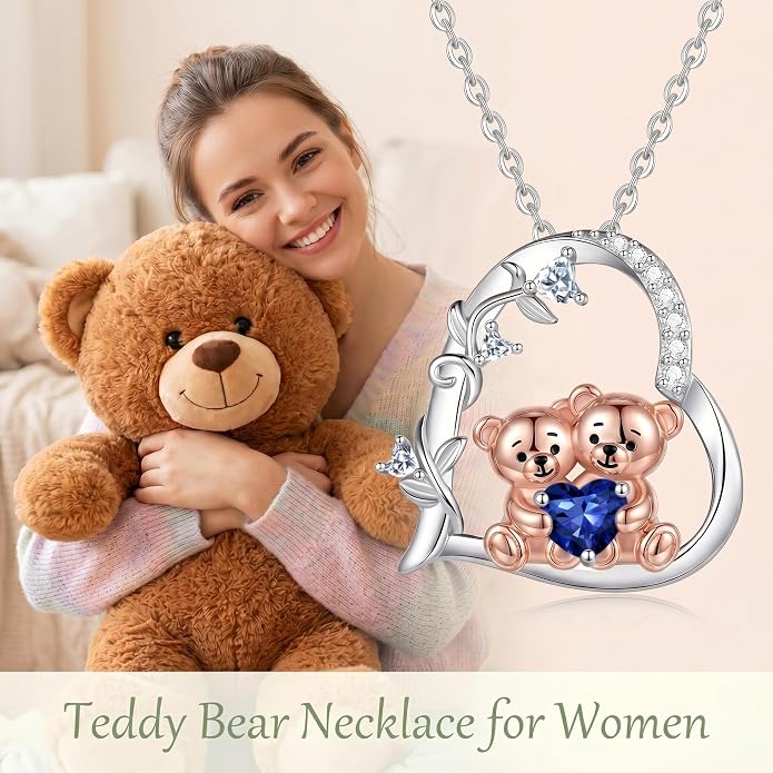 PELOVNY Teddy Bear Necklace for Women 925 Sterling Silver Bear/Highland Cow/Fox/Cat/Axolotl Birthstone Necklace Christmas Birthday Jewelry Gifts for Mom Daughter Wife Sister