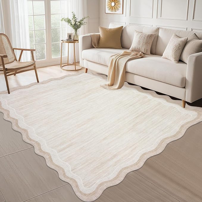 Garvee Scalloped 8x10 Rugs Washable Area Rugs for Living Room,Modern Stain Resistant Solid Rug for Bedroom, Scalloped Low Pile Non-Slip Neutral Rug for Farmhouse Dining Room Home Office Dorm,Cream | Rugs for Living Room, Non-Slip Soft Carpet for Bedroo...