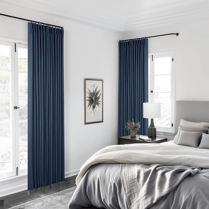 Navy Pinch Pleated 100% Blackout Linen Curtains for Bedroom 84 Inch Length | Room Darkening with Liner, Memory Shape Pleat with Back Tab, Thermal Insulated, Dark Blue, for Living Dining Room Window