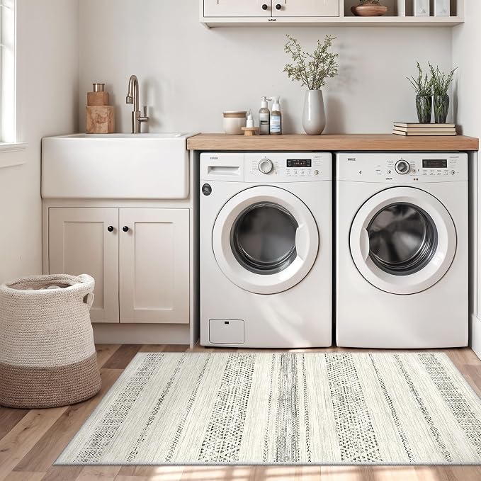 3x5 Washable Rug Moroccan Small Entryway Rug Non Slip Indoor Floor Carpet Foldable Thin Rugs for Kitchen Bedroom with Low Pile(Grey,3'x5')