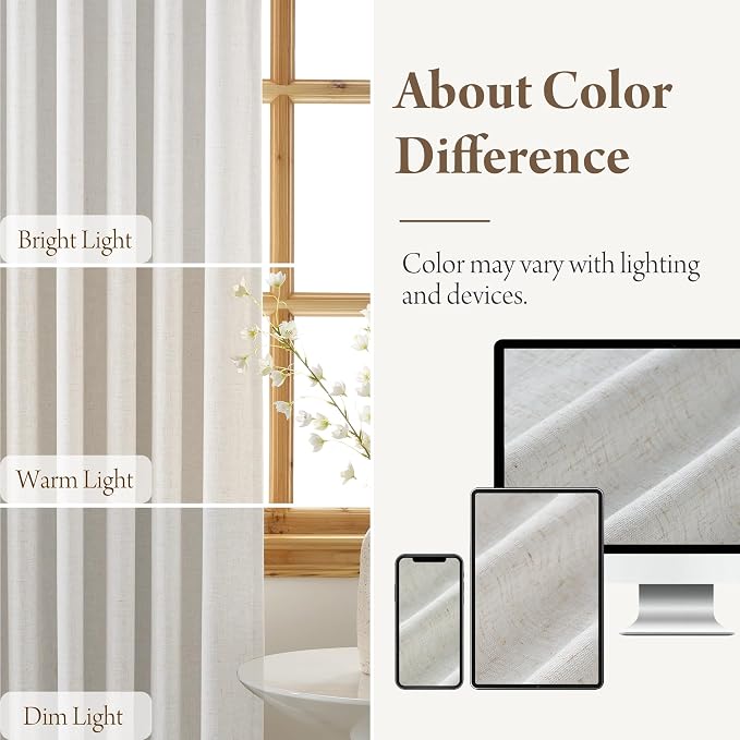 RYB HOME Natural Pinch Pleated Linen Curtains, 100% Blackout Thermal Insulated Double Layer Textured Curtains for Sliding Glass Door Picture Window, Cream White, 40" W x L90 L, 2 Panels Set