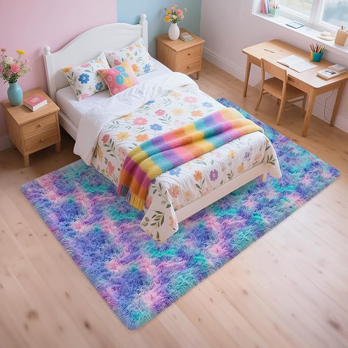 Purple Rainbow Rug 5x8ft Fluffy Plush Area Rugs for Girls Bedroom, Shaggy Rugs for Kids Playroom, Kawaii Princess Fuzzy Rugs for Nursery Baby Toddler, Cute Colorful Room Decor for Girls Room