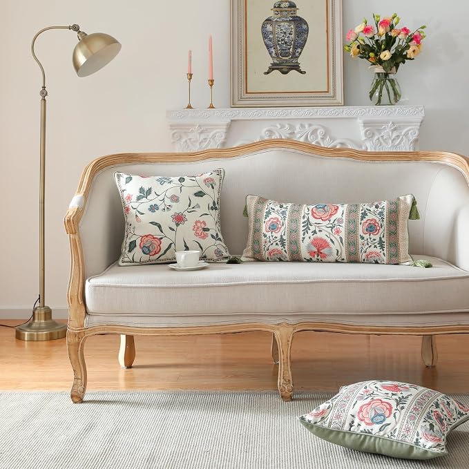 ISAENNE Designer Elegant Linen Throw Pillow Cover,Set of 4-Daffy Set | French Cottage Pillow Cover,Concealed Zipper,Floral Pattern,Sofas,Bedroom,Living Room,Lounge Chairs,All Season Home Decor