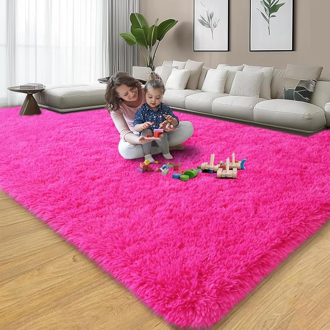 qulint 9x12 Area Rug for Living Room, Fluffy Hot Pink Rug for Bedroom Girls | Shag Shaggy Large Carpet for Kid Room, Fuzzy Plush Modern Alfombra for Office Classroom Dorm Home Decor