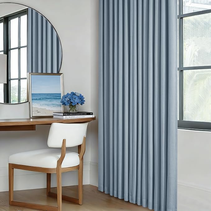 Dusty Blue 100% Blackout Linen 108 Inch Curtains for Bedroom Pinch Pleated | Black Out Drapes Lined 2 Layers, Memory Shape Trained, Noise Reduce, Blue Grey Coastal Modern, for Living Room Bedroom 40x108