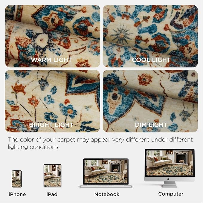 Joydeco 8x10 Area Rugs for Living Room, Non Slip Machine Washable Vintage Rug, Low Pile Chenille Print Rugs for Bedroom, Dining Room, Home Office, Pet & Child Friendly, Beige & Blue & Reddish-Brown