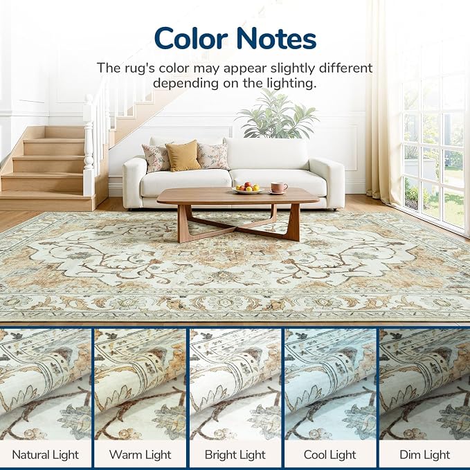Lessymo Washable Area Rug for Living Room,8x10 Large Rugs with Non-Slip Backing,Soft Boho Carpets for Bedroom Dining Room Nursery Home Office,Light Beige