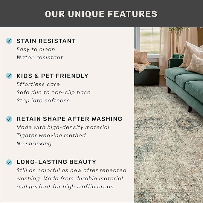 Hazo Haus Tan and Moss Rugs for Dining Room - Neutral Abstract Faded Patterned Accent Rug 5x8 for Living Room, Home Office, Bedroom Foldable Soft Washable