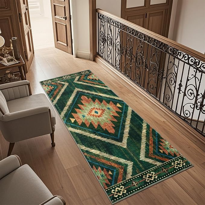 Runner Rugs for Hallway Boho 2x6Ft Non Slip, Green Moroccan Washable Farmhouse Kitchen Rug Runner Non Slip, Soft Geometric Bedroom Entryway Floor Carpet for Entrance Home Decor