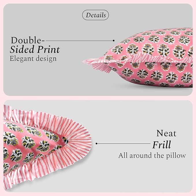 CPC Poppy Pink Ruffle Throw Pillow Covers for Couch, 20x20 Inch Cotton Stripe Ruffle Couch Pillows for Living Room, Hidden 16 Inch Zipper Boho Pillow Case or Cute Outdoor Pillows
