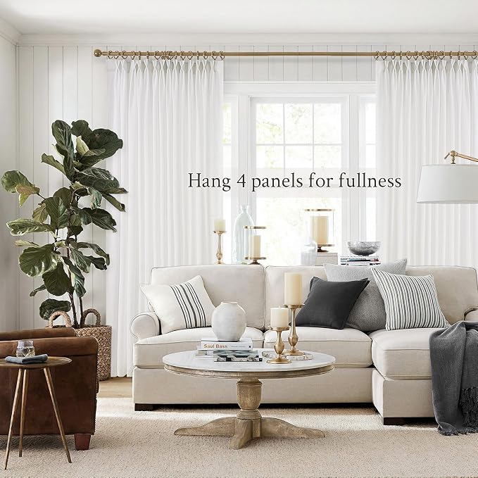Topfinel 108 Inches Long Pinch Pleated Semi Sheer Curtains,White Linen Blended Light Filtering Window Curtains 108 Length for Living Room Bedroom Pinch Pleat Drapes with Hooks 1 Panels 60" Wx108 L