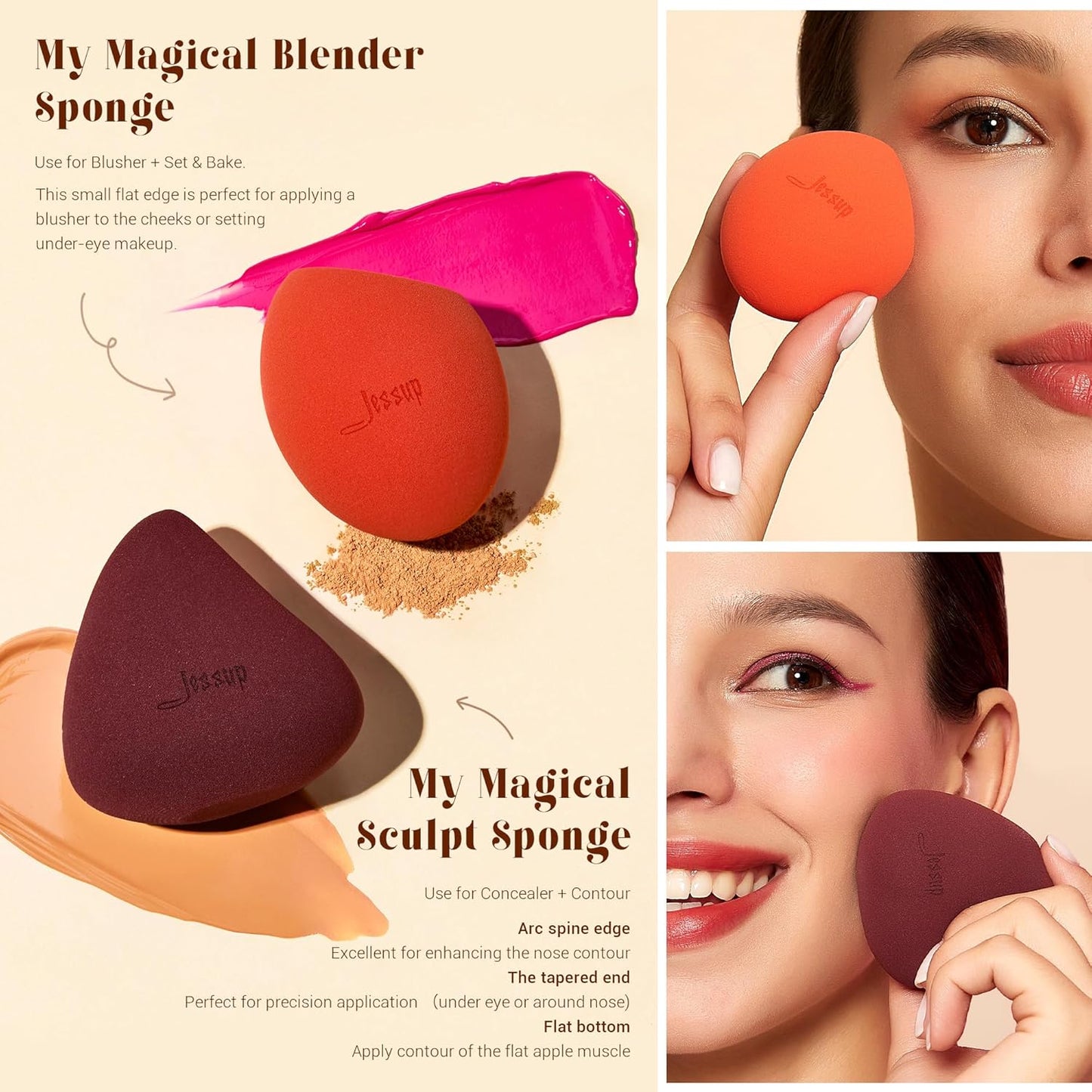 Jessup Face Makeup Brushes with Makeup Sponge, 3pcs Double Ended Makeup Brush for Foundation Contour Blush Highlight and Concealer Brush, Premium Synthetic Brush Set with Gift Box, T510