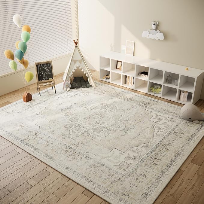 5x7 Area Rugs for Living Room: Machine Washable Area Rug Non Slip Low Pile Soft Faux Wool Non Shedding Vintage Boho Rug for Bedroom Entryway Dining Room Kitchen Nursery Farmhouse Home Office Indoor