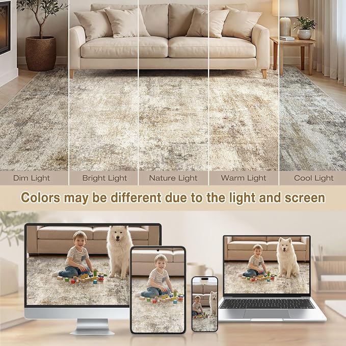 cotiled 8x10 Area Rugs Abstract Soft Non Slip Washable Living Room Rug | Stain Resistant, Robot Vacuum & Pet Friendly, Low-pile, For Living Room, Bedroom, Dining Table, Nursery Brown