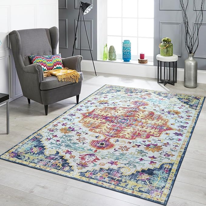 Mandala - Indoor Area Rugs 4x6 Washable, Stain Resistant Machine Washable Rugs for Living Room, Bedroom, and Modern House Décor - Durable Polyester Material, Colorful Patterned - Blue