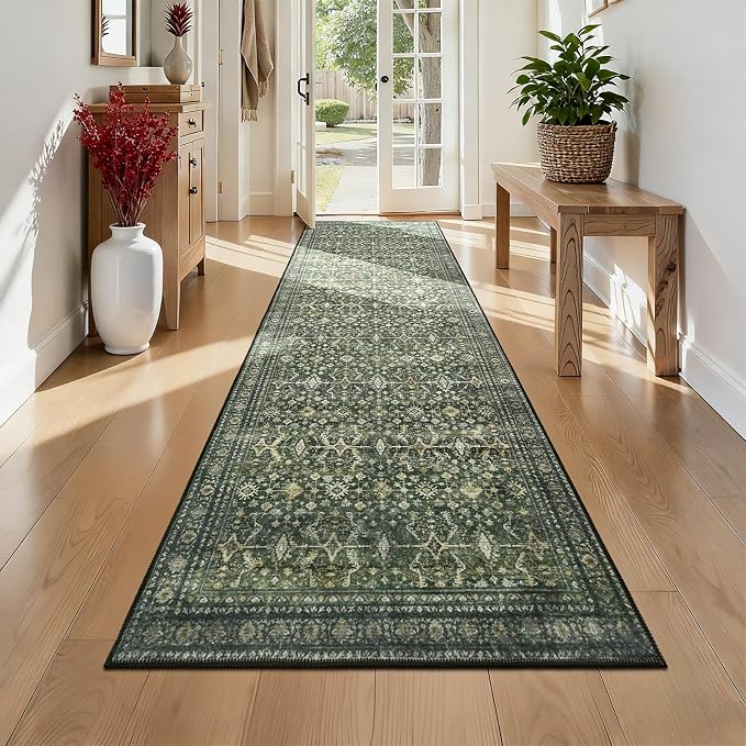 Lofus 2'6"x8' Area Rug for Hallways,Green Washable Runner Rugs with Non Slip Rubber Backing, Low Pile Soft Carpet Runner for Kitchen Bathroom Bedroom Laundry