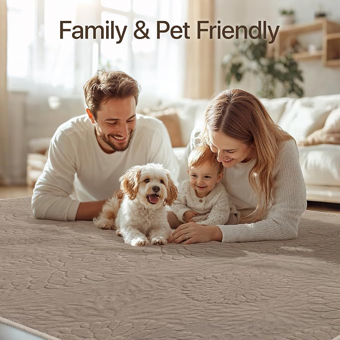 GENIMO Soft Washable Area Rugs 6x9, 3D Modern Floral Rugs for Living Room, High-Low Pile Textured Non Slip Fuzzy Shag Carpet, Non-Shedding Stain Resistant Light Brown Rugs for Bedroom, Dining Room