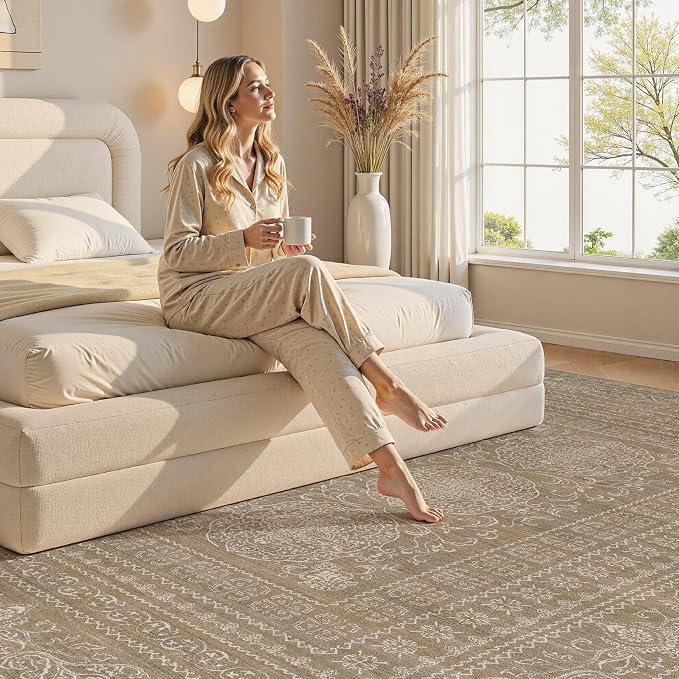 Nakagishi 5x7 Area Rugs Living Room: Washable Large Vintage Rug Neutral Non-Slip Soft Stain Resistant Indoor Carpet for Bedroom Nursery Dining Room Office Playroom - Dark Brown