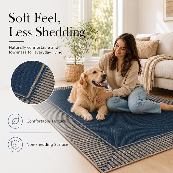 Moynesa Easy Jute Outdoor 8x10 Rug, Blue Striped Border Washable Indoor Outdoor Patio Area Rugs, Farmhouse Neutral Non Slip Carpets for Living Room Bedroom Backyard Home Decor