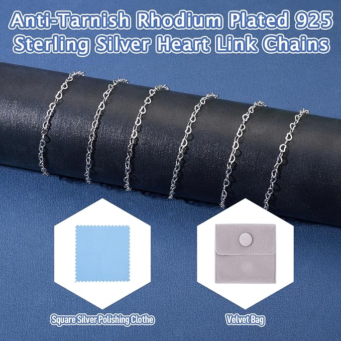 Sterling Silver Heart Chain 3x4mm 3.28 Feet Silver Heart Link Chain Necklace Permanent Bracelet Kit for Women Men Necklace Making