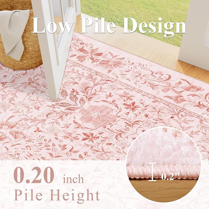 DUKINO 2.6x8 Runner Rug, Washable Vintage Floral Kitchen Rug, Pink | Non Slip, Low Pile, Non-Shedding, Stain Resistant, Soft Throw Carpet Runner for Hallway Bathroom Laundry Entryway Farmhouse
