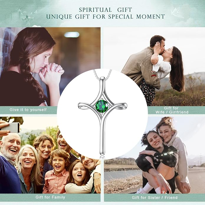 TOUPOP Cross Necklace for Women 925 Sterling Silver Birthstone Cross Pendant Fine Jewelry Anniversary Birthday Mothers Day Gifts for Mom Wife Her