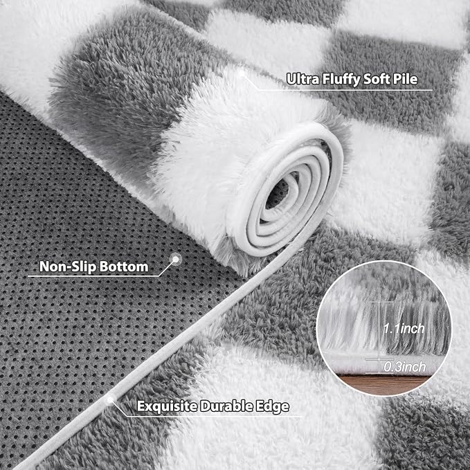 Pionblank Fluffy Area Rug for Bedroom 5x7, Modern Indoor Shag Carpet, Soft Plush Non Slip Checkered Rugs for Living Room Kids Room Home Decor, Grey and White