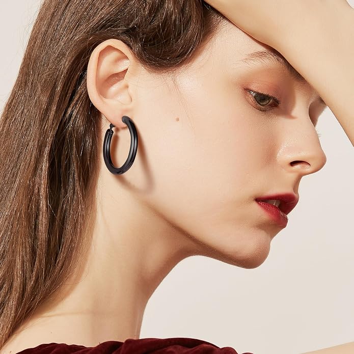 Stainless Steel Chunky Hoop Earrings For Women, Minimalist and Chic, Black/Gold Plated, Round Hoops Earrings Hypoallergenic, Size: 30mm/40mm/60mm/80mm, Come with Box