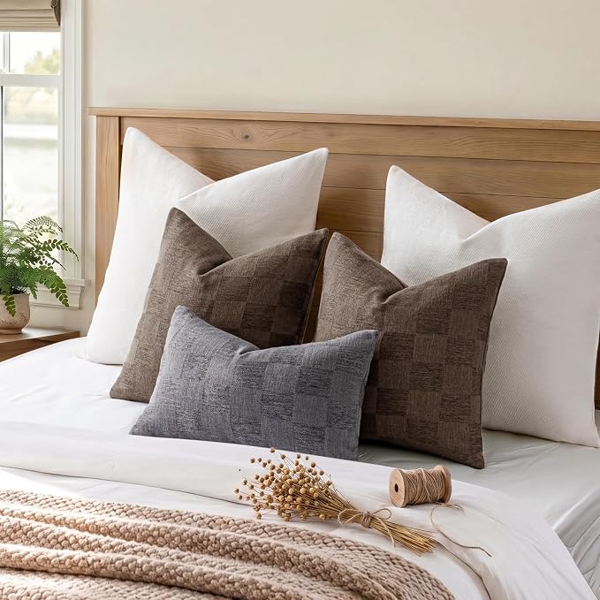 a moment Set of 2 Decorative Linen Throw Pillow Covers,Large Grid Textured Neutral Boho Farmhouse Cushion Covers,Soft Aesthetic Pillowcases for Couch Sofa Living Room Home Decor,20x12 Inch,Dark Brown