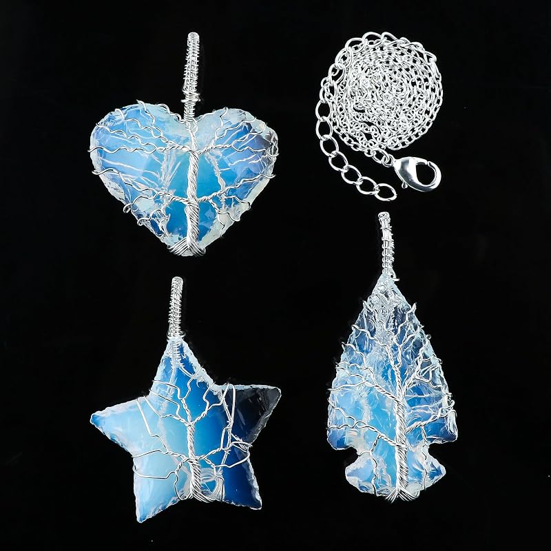 (3pcs) (Tree of Life Craft) Raw White Sea Glass Rough Crystals Pendant Necklace, Wire Wrapping, Gift Giving Women Jewelry with Dainty Silver Plated Chain 18 inch