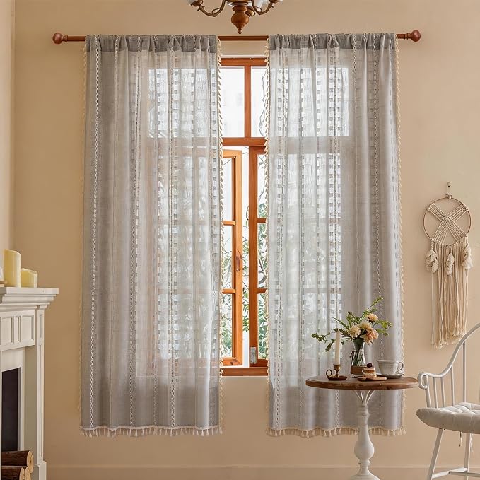 Light Gray Boho Sheer Curtains 72 inches Long 2 Panels for Bedroom, Light filtering Semi Sheer Bohemian French Country Privacy Tassels Vintage Chic Embroidery Stripes Window Curtains Back Tab, 50" W