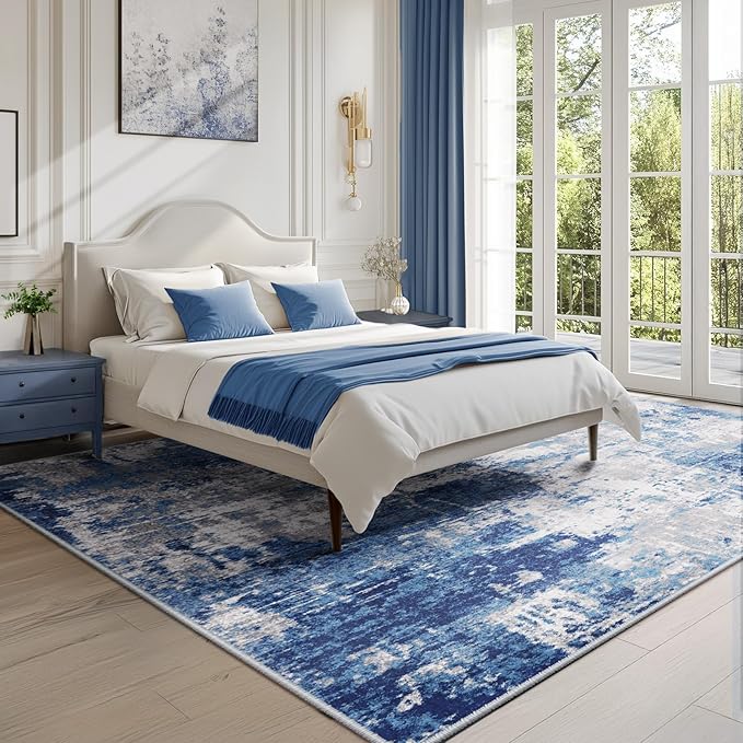 RELEANY Washable Area Rugs 6'x8' Non-Slip Modern Abstract Soft for Living Room Entryway Bedroom Kitchen, Print Pattern, Blue Grey Navy Gray