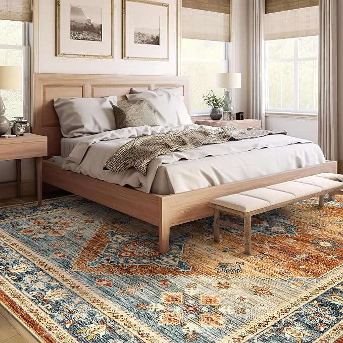 Roxstand 8x10 Washable Area Rugs, Vintage Non Slip Rug, Navy/Orange | Machine Washable Low Pile Rug, Stain Resistant, Pet and Kid Friendly, Carpet for Bedroom, Dining Room