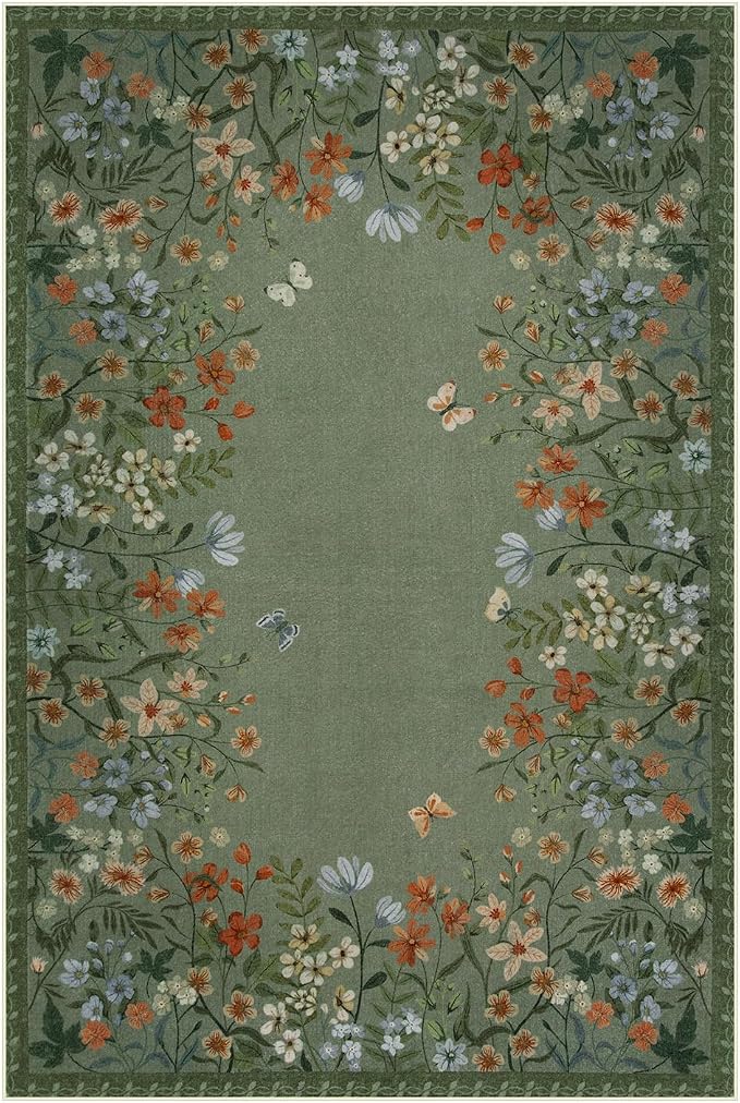 Wonnitar 8x10 Washable Area Rug, Green Floral Rug for Living Room, Boho Botanical Large Carpet for Bedroom, Non Slip Soft Nursery Rug, Cottagecore Dining Room Decor (8x10 Green)