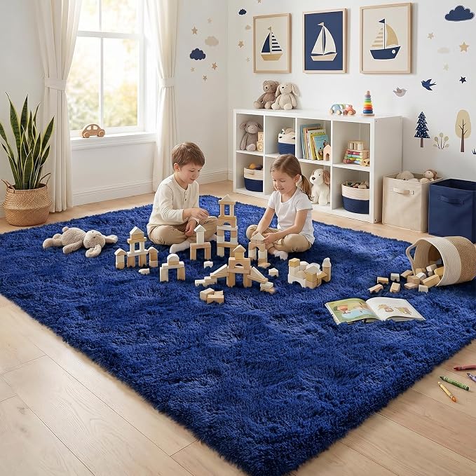 Fluffy Rugs for Living Room: Dusty Blue Soft Shag Rug for Bedroom, Large Fuzzy Plush Indoor Carpet Non Slip Modern Rug for Nursery Kids Room Dorms Office Home Decor, 7x10 Feet